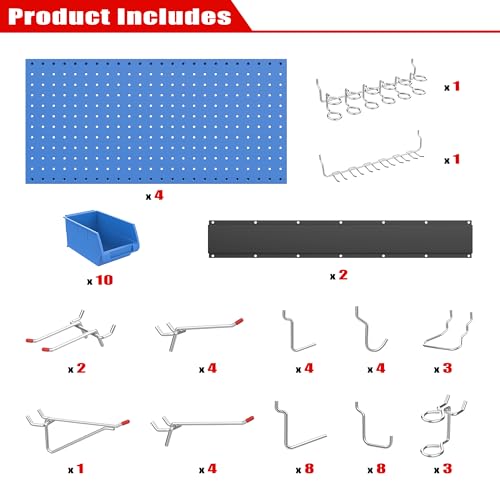 Image of Ultrawall Pegboard Wall Organizer, Blue Metal Peg board Panels, Garage Storage System with Hooks and Storage Bins, 59pcs