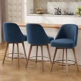Bekrvio 26 inch Counter Height Bar Stools Set of 3, Swivel Barstools with Backs and Wood Legs, Linen Fabric Upholstered Bar Chairs, Mid-Century Counter Stools for Kitchen Island, Blue