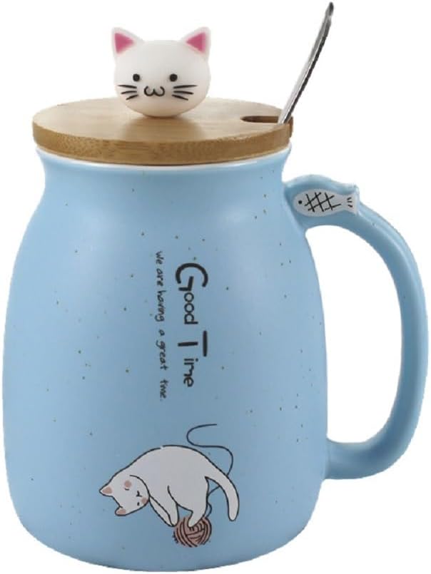 Kawaii Cup 450ml - Large Cat Mug with Lid & Spoon - Tea & Coffee Mug - Original Japanese Mug - Japan Asia Gift Idea - Cute Kitty - Blue