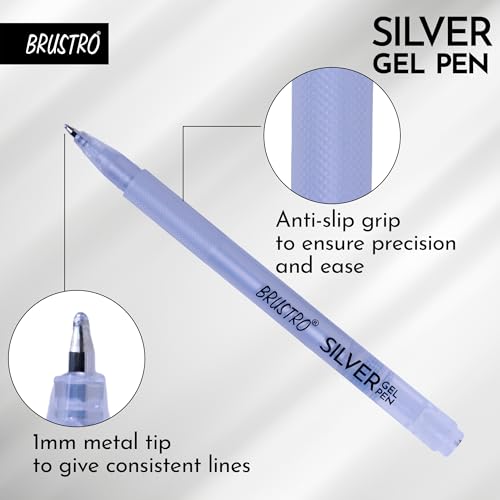 Image of BRUSTRO Silver Gel Pen|Pack of 12-1mm Metal Tip,Opaque and Viscous Ink|Ideal For Drawing,Writing,Highlighting,Doodling,Scrapbooking,Mandala Art,Illustration,Fine Art Students and Professionals