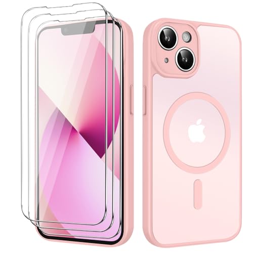 #rémunéré #Amazon<br>Coque Magnétique pour iphone 13 /iphone 14 6 1 Pouces Étui Housse Arrière Translucide Givrée avec 3 Verre Trempé et Outil d'Installation Facile Compatible avec MagSafe Rose Clair