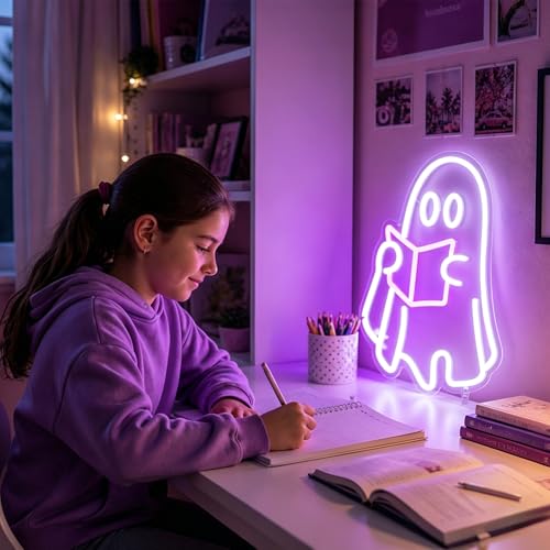Image of White&Purple Neon Sign Led Neon Lights Signs for Wall Decor USB Powered Led Signs for Room Decoration-Ghost Read Book