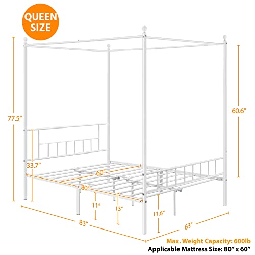 Yaheetech Metal Four-Poster Canopy Bed Mattress Foundation With Headboard And Footboard Strong Metal Slat Mattress Support No Box Spring Needed Queen Size White #TOP1