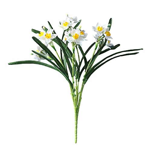Firlar 2Pcs Artificial Daffodils Flowers Bouquet, 23.6Inch Faux Narcissus Flower Branch With Green Leaves, Fake Spring Silk Daffodil Flower Stems Bundles Arrangement Vase Filler Home Decor, White #TOP29