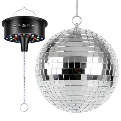 Discokugel mit Motor und Licht 20 cm Spiegelkugel mit 30 LED Perlen 6 Farbmodi 3 Programme Fernbedienung & Soundsteuerung USB/Batterie-Betrieb für Partys Disco Events