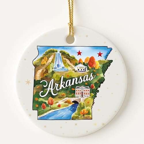 USA State Landmark Ceramic Ornament – Round Glossy Christmas Decoration Featuring U.S. State Art, Landmarks & Holiday Scenery – Collectible Travel Souvenir Ornament Series (Arkansas)