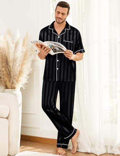 Image of SWOMOG Mens Silk Pajamas Set Satin Pj Set Short Sleeve Sleepwear Button Down Lounge Set with Drawstring & Pockets S-3XL