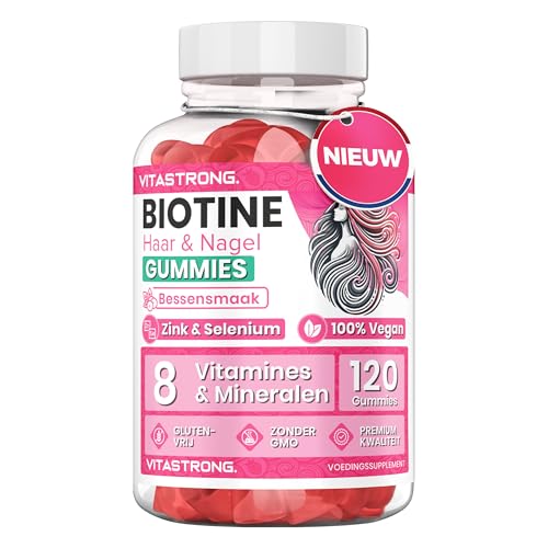 Biotine Complex Vegan Vitastrong, 120 Haar Gummies Sucrosevrij voor Haar, Huid, Nagels – Biotine Hooggedoseerd met Vitamine C, E, B6, Zink, Foliumzuur, Seleen, Jodium
