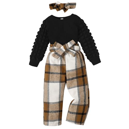 Image of TITKKOP Toddler Baby Girl Clothes Ribbed Long Puff Sleeve Tops+Plaid Pants+Headband+Belt 4Pcs Fall Winter Casual Outfits Set