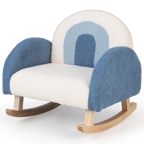 MAT EXPERT Kids Sofa,Fluffy Arched Toddler Rocking Chair w/Solid Wood Base, Plush Fabric & Anti-Tip Device, Comfy Children Furniture, Armchair for Nursery Playroom Preschool, Boys & Girls Gift (Blue)