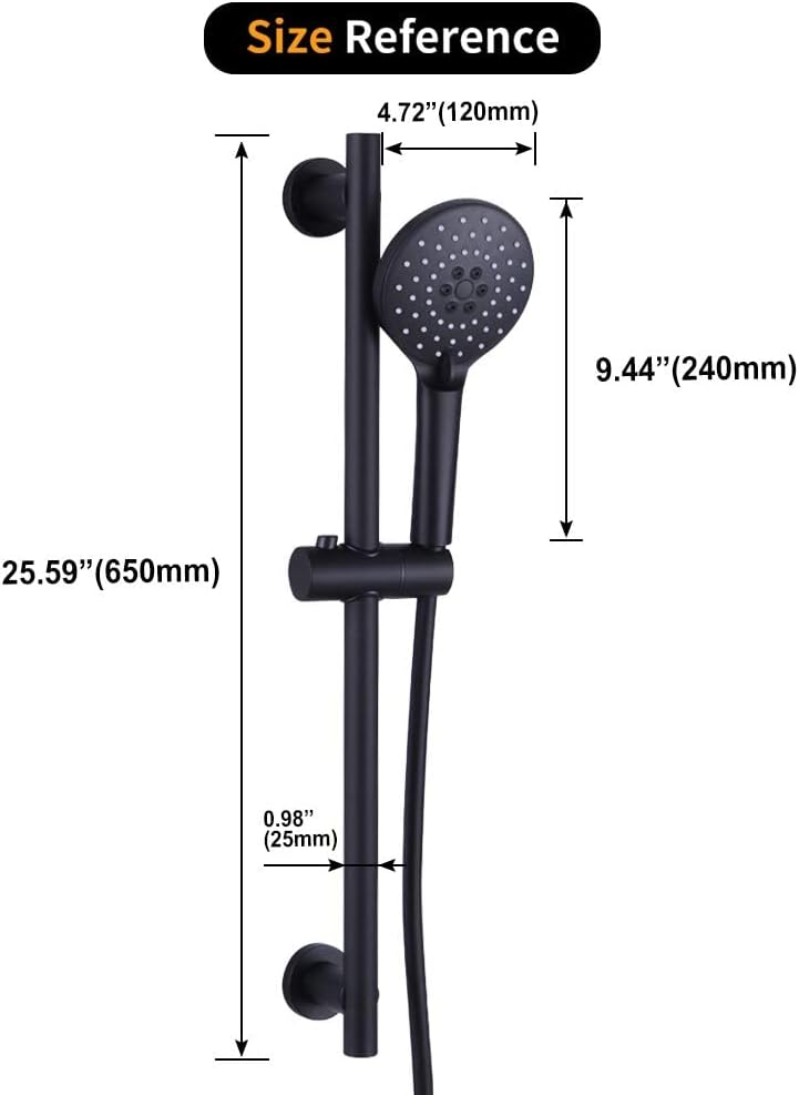Shower Slide Bar with three Function Massaging Hand Shower Head Adjustable SUS 304 Stainless Steel Black D500011B