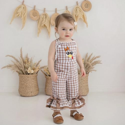 Toddler Baby Girl Thanksgiving Outfit Overalls Turkey Romper Cute Gingham Bell Bottom Suspender Jumpsuit3