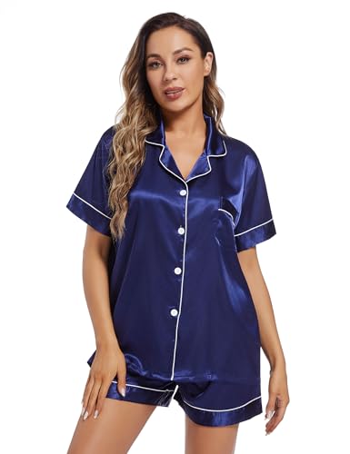 Image of Fivali Women Silk Satin Pajamas Set: Soft Short Sleeve 2 piece Pjs Ladies Button-down Pj Sets Silky Women's Sleepwear