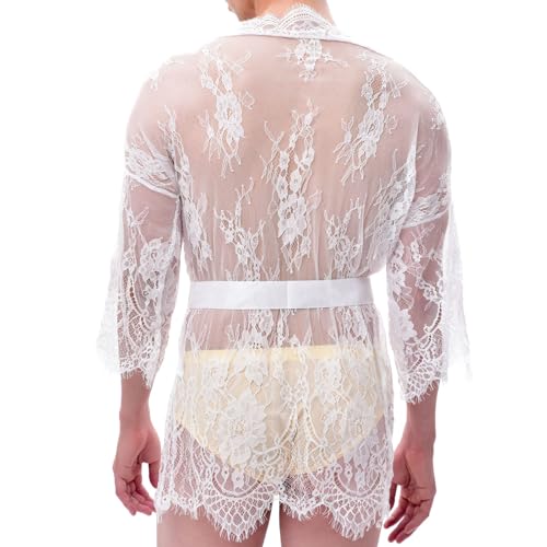 Men Lace Floral Lingerie See Through Mesh Robe and Panty Set Bathrobe Nightgown Sleepwear3