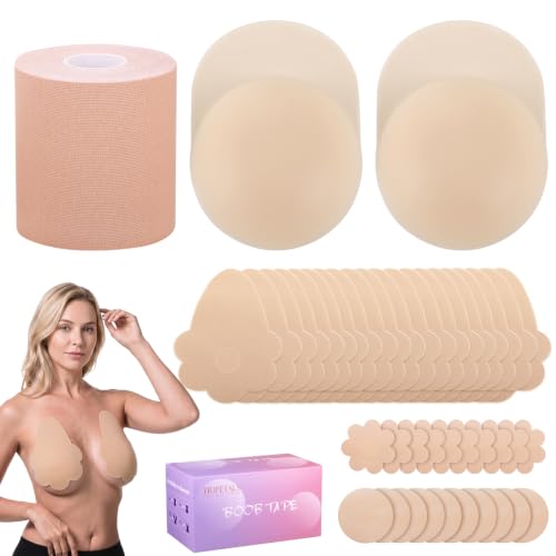 Tripetals Soutien Gorge Adhesif Set 4-en-1 Boob Tape Scotch Poitrine Femme Bande Remonte Sein Adhesif Cache Tetons Invisible Silicone Boobstape Push Up pour Petite et Grosse Poitrine