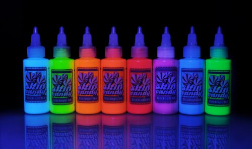 SkinCandy Blacklight 8 Color Rack 1oz Bottles Tattoo Ink Set Kit