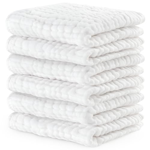 Image of Comfy Cubs Muslin Baby Washcloths 6 Pack - Soft 6-Layer Cotton Wash Cloths for Sensitive Skin - 10"x10" Large, Gentle, Absorbent Infant Essentials for Newborn and Toddlers - White