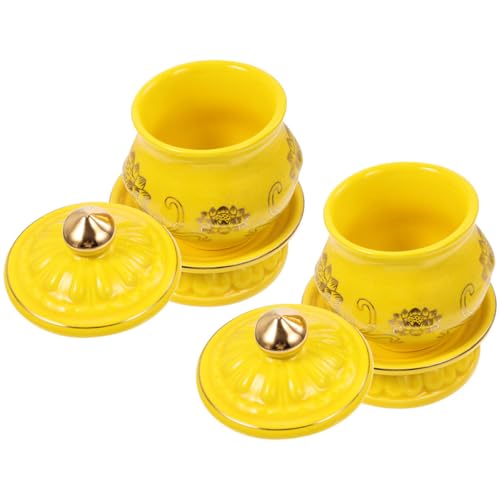 Tasses à eau en céramique jaune pour rituel d'offrande bouddhiste - 2