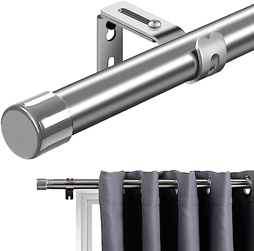 INFLATION Curtain Poles with Silver Cap Finials 76 to 198 cm, Silver Curtain Pole with Brackets Fittings Set Window Poles for Living Room & Outdoor