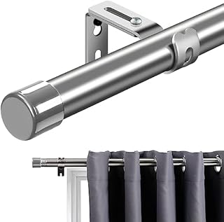 INFLATION Curtain Poles with Silver Cap Finials 76 to 198 cm, Silver Curtain Pole with Brackets Fittings Set Window Poles for Living Room & Outdoor