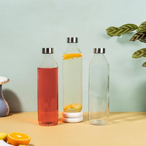 Image of Glassbunny Glass Water Bottle with Leak-Proof Airtight Stainless Steel Lid for Water, Smoothie, Juices Reusable Travel Drinking Fridge Bottles 800 ML Pack of 3