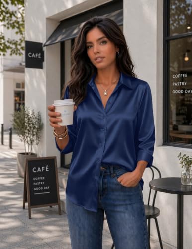 Image of Zeagoo Womens Satin Blouses Button Down Shirts 3 /4 Sleeve Dressy Tops S-2XL