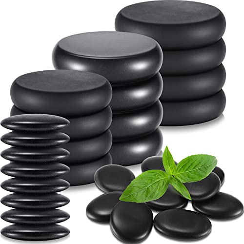 Treela 20 Pieces Hot Stones for Massage Set Black Smooth Basalt Rocks Massage Stones Basalt Stone Set for Massager Home Spa Guasha Face Back Foot Relaxing Healing, 4 Sizes