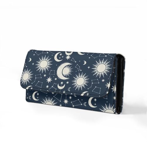 Image of AFPANQZ Wallet for Women PU Leather RFID Blocking Womens Wallet, Sun Moon Print Bifold Card Holder with ID Window Gifts for Women RFID Blocking, Card Holder