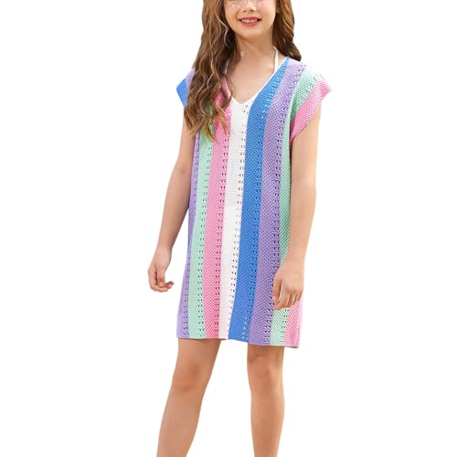 Image of CHILDRENSTAR Girls Knit Swimsuit Cover ups Summer Beach Bathing Suit Coverups Colorblock V Neck Cami Dresses for Kids