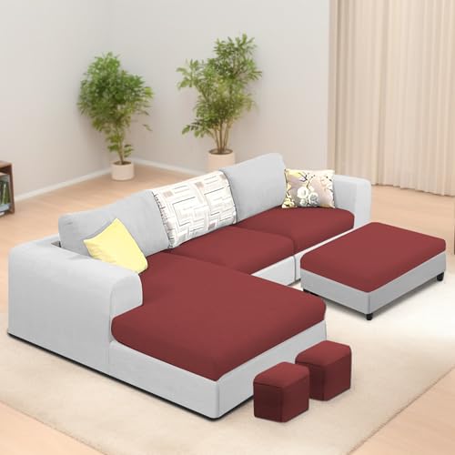 Image of Koza LHS 4 Seater L Shape Sofa Set with Center Table for Living Room (Maroon Grey Fabric) Premium Fabric Sofa