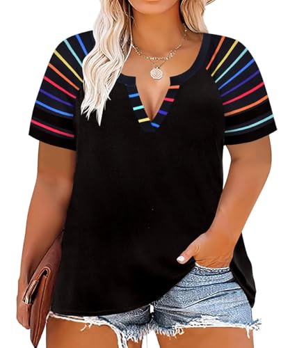 Image of CARCOS Plus Size Tops for Women Short Sleeve Summer Pullover Color Block Crewneck /V Neck Tee Tunic Loose Fit Tshirts XL-5XL