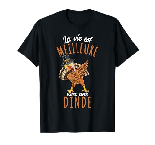 Dabbing La Vie Est Meilleure Avec une Dinde T-Shirt Noir Humorous Unisex Adulte Small Regular Cotton 100% Short Sleeve V-Neck Double Cuff Imported