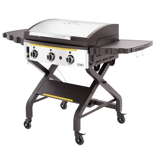 Image of HALO Elite3B Outdoor Griddle | 3 Burner, 6 Cooking Zones | Large Surface with Warming Rack | 564 sq. in. (28.19″ x 20″) Wind-Proof Cooking Surface | Propane and Natural Gas Grill | HZ-1002-XNA