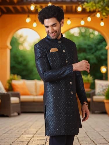 Image of Kisah Men's Silk Blend Textured Sherwani Set Regular Fit | Wedding, Festive & Occasion Wear