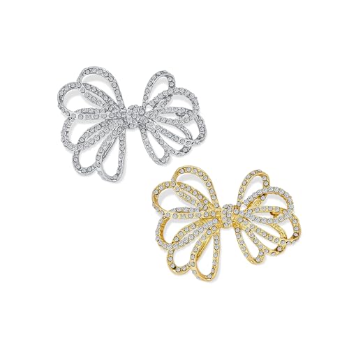 Image of Bling Jewelry Set of Two Large Bridal Holiday Statement Christmas Pave Crystal Wedding Open Bow Ribbon Brooch Pin For Women Silver Yellow Gold Plated