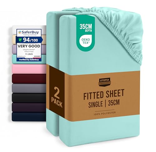 Utopia Bedding Fitted Sheet Single (2 Pack), Spa Blue - Deep Pocket 14 inch (35 cm) - Oeko Tex Certified - Easy Care - Soft Brushed Microfibre Fabric - Shrinkage and Fade Resistant - Bottom Sheet