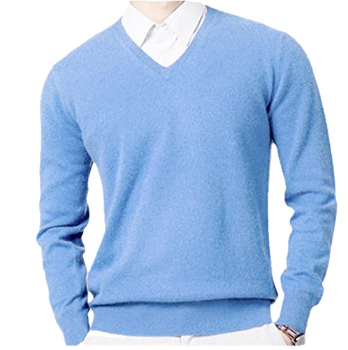 Pokem&Hent Pull en coton cachemire pour homme, automne et hiver, pull tricoté à col rond pour homme, Col en V bleu ciel, XL Cover