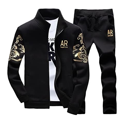 Wirltte Men's Tracksuit Set Casual Sweat Suits Stand Collar Sweatshirt and Jogging Bottoms Athletic 2 Piece Set Long Sleeve Full-Zip Jacket Top with Pockets Black M Cover