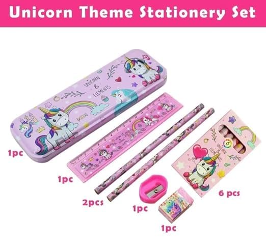 Image of Pack of 6 sets- Unicorn Themed Stationery Set for Kids party I Kit with Pencil box, Pencils, Eraser, Ruler, Sharpener & caryons - Birthday Return Gifts in bulk for Girls 3-10 Years.