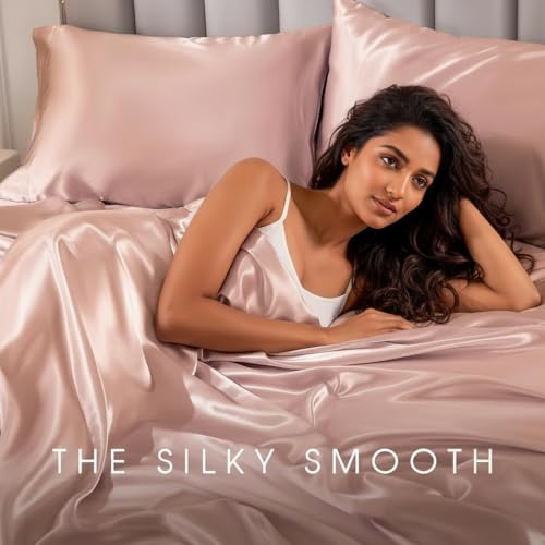 Image of Soft and Silk Satin Bedsheet for Single Bed - 400 TC Romantic Bedsheet Set for Bedroom | Bridal Wedding Bedsheet with Pillow Cover | Ideal for Gifting Silver Gray, Single Bed