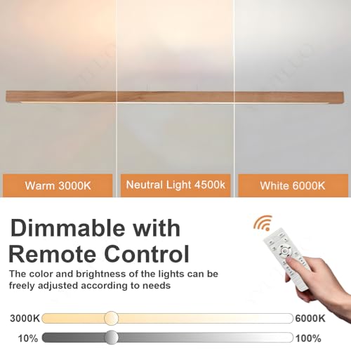 Lustre linéaire en bois suspendu LED variable avec télécommande pour salle à manger