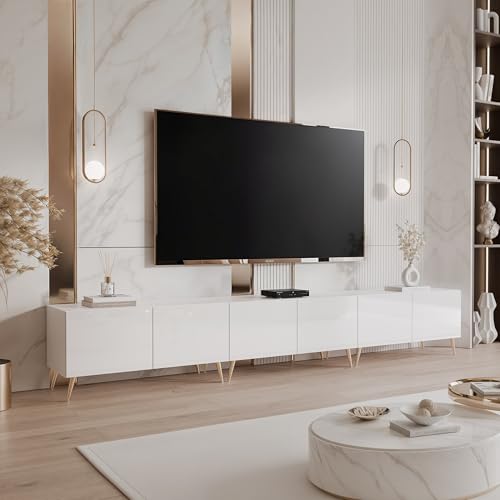 IDOHOME 100/200/300 cm TV Lowboard Weiß Hochglanz 300cm mit 6 Praktischen Großen Fächern und LED Beleuchtung - TV Lowboard Stehend Passend Für Stilvolle Wohnräume
