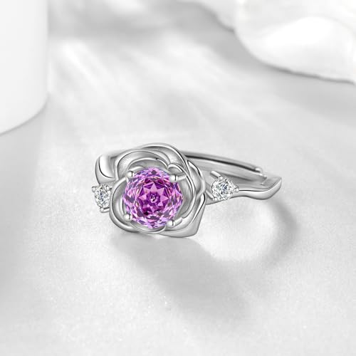Rose Birthstone Ring - 925 Sterling Silver Rose Cut Cubic Zirconia February Amethyst Flower Adjustable Ring Anniversary Engagement Promise Ring Birthday Jewelry Gift for Women Wife Daughter DR0166F — view 2