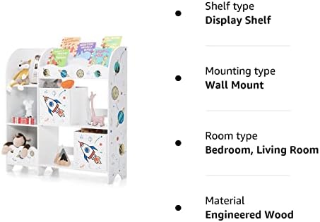 GYMAX Kids Storage Cabinet, Toy and Book Organiser with 2 Non-woven Boxes, 5 Open Shelves and 3-tier Bookshelves, Children Storage Shelf for Playroom, Kids' Room, Living Room (Rocket)