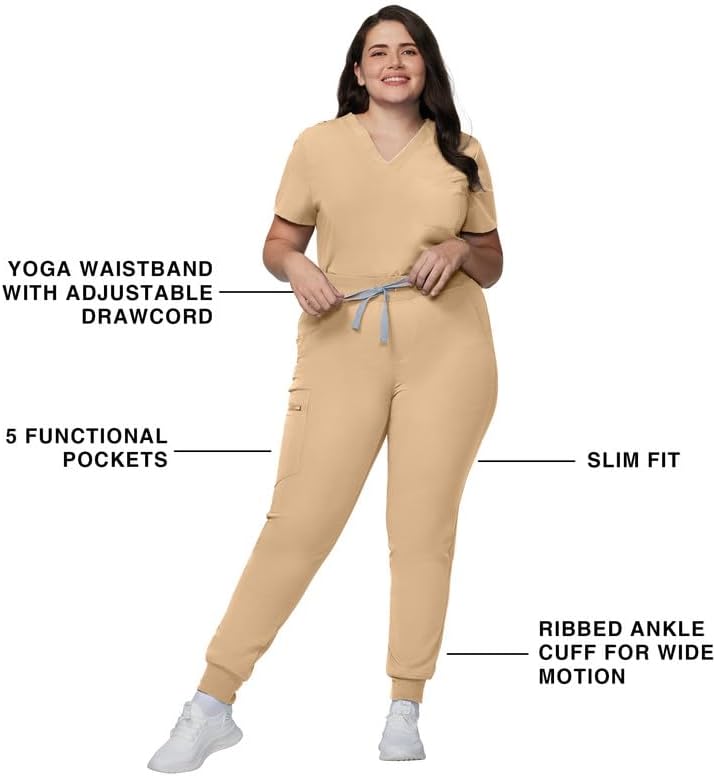 Kitmaz Scrub Pants for Women - Mid Rise 4-Way Stretch Anti-Wrinkle Slim Fit Jogger Pants, Drawstring & 5 Pockets Khaki