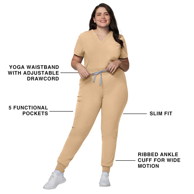 Image of Kitmaz Scrub Pants for Women - Mid Rise 4-Way Stretch Anti-Wrinkle Slim Fit Jogger Pants, Drawstring & 5 Pockets