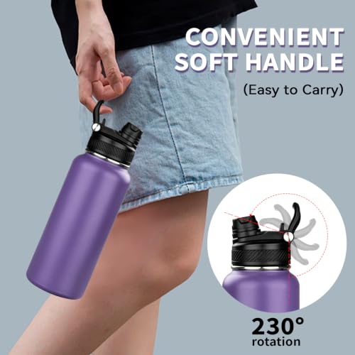 Image of 32 oz Insulated Water Bottle with Leak-proof 2-in-1 Straw and Spout Lid,Stainless Steel Sports Water Bottle with Handle,Double Wall Vacuum Metal Water Flask for Travel Camping School(Purple,1)