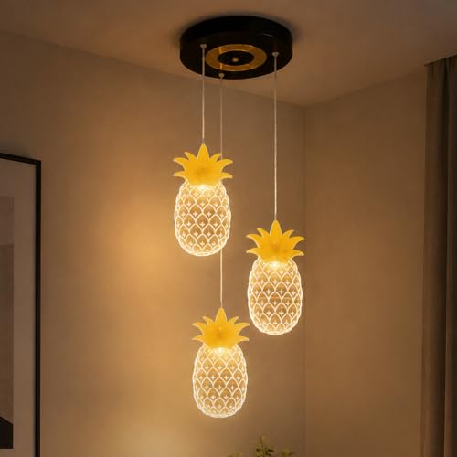 Image of Lamp master 3-Light Pineapple Ceiling Light | Decorative Hanging Light | Warm Glow | Transparent Acrylic & Metal | Gold Finish | Adjustable Height | Chandelier for Living Room, Bedroom & Dining Room