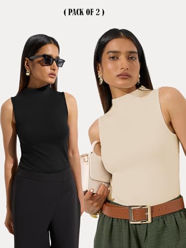 Image of KOTTY Women's Sleeveless High Neck Ribbed Tank Top Combo Pack of 2 Stylish Casual & Office Wear Tops