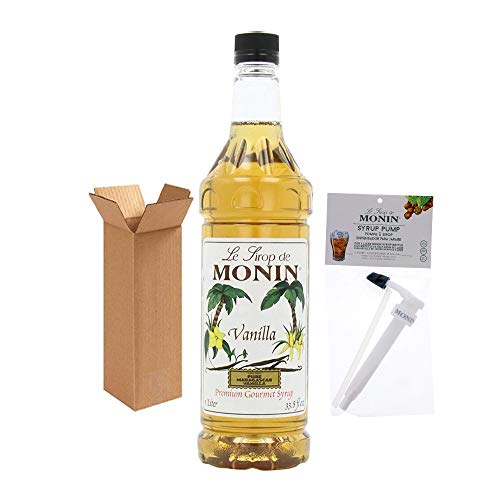 Monin Vanilla Syrup, 33.8-Ounce Plastic Bottle (1 Liter) with Monin BPA Free Pump, Boxed.
